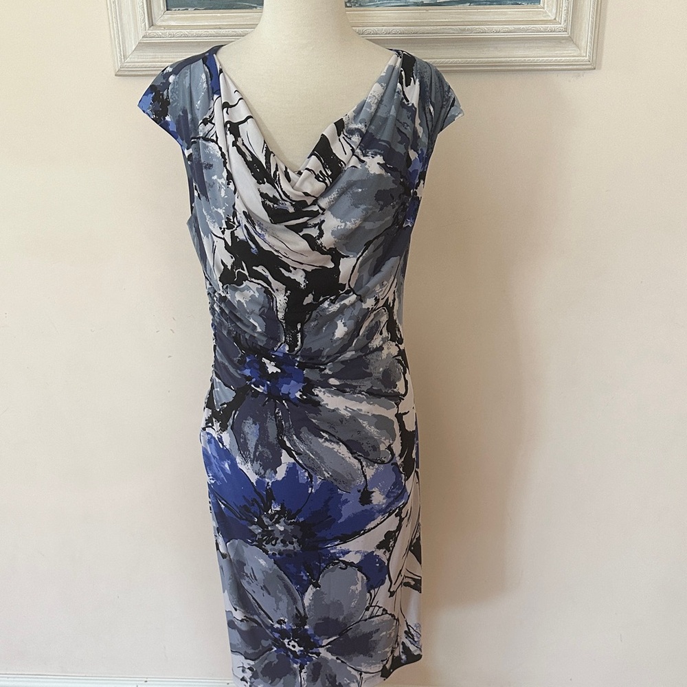 Ronni Nicole Blue, Gray & Black Floral Cowl-Neck Midi Dress
